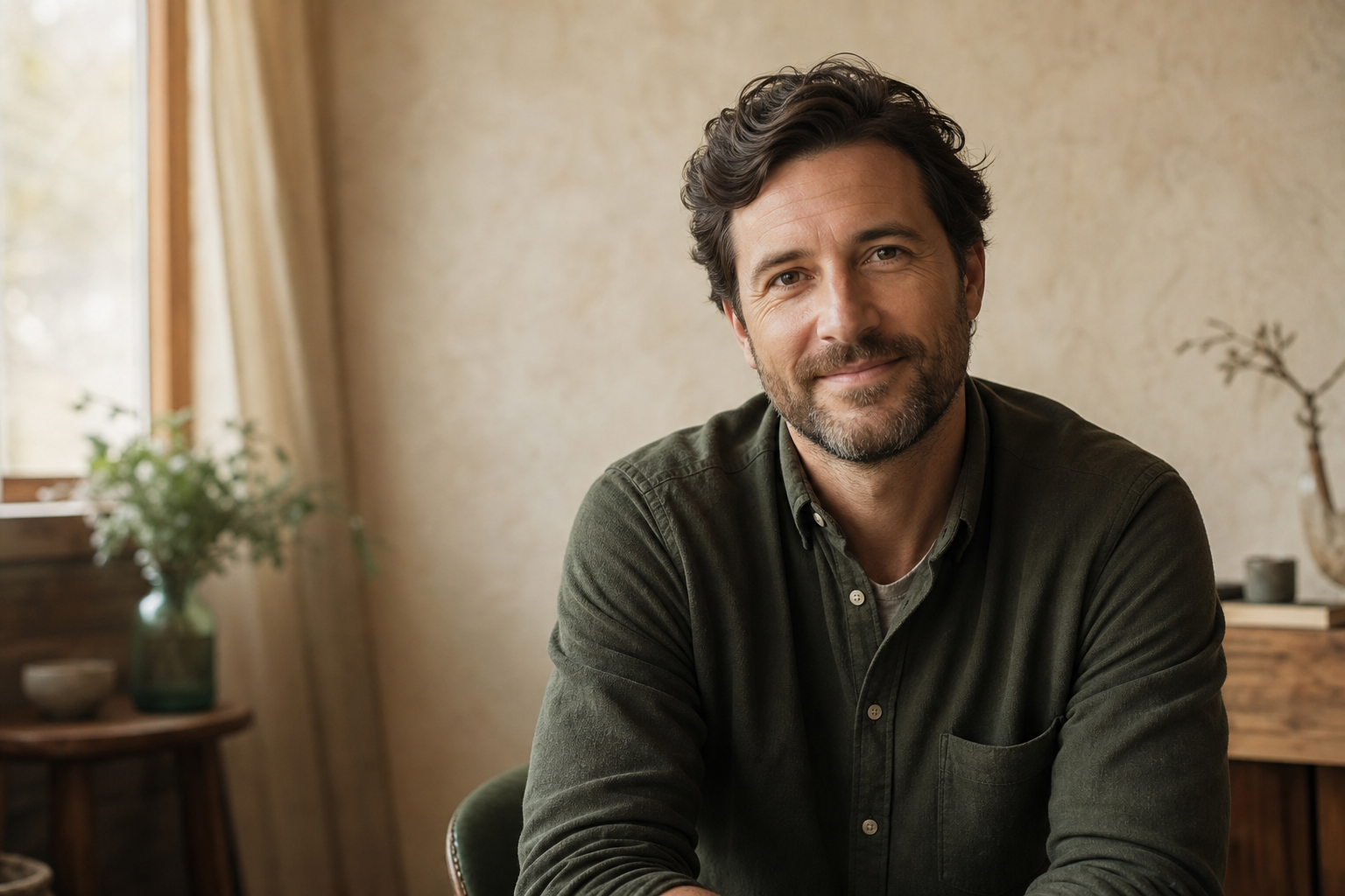 A warmly lit portrait of a smiling man with a calm, reassuring expression.